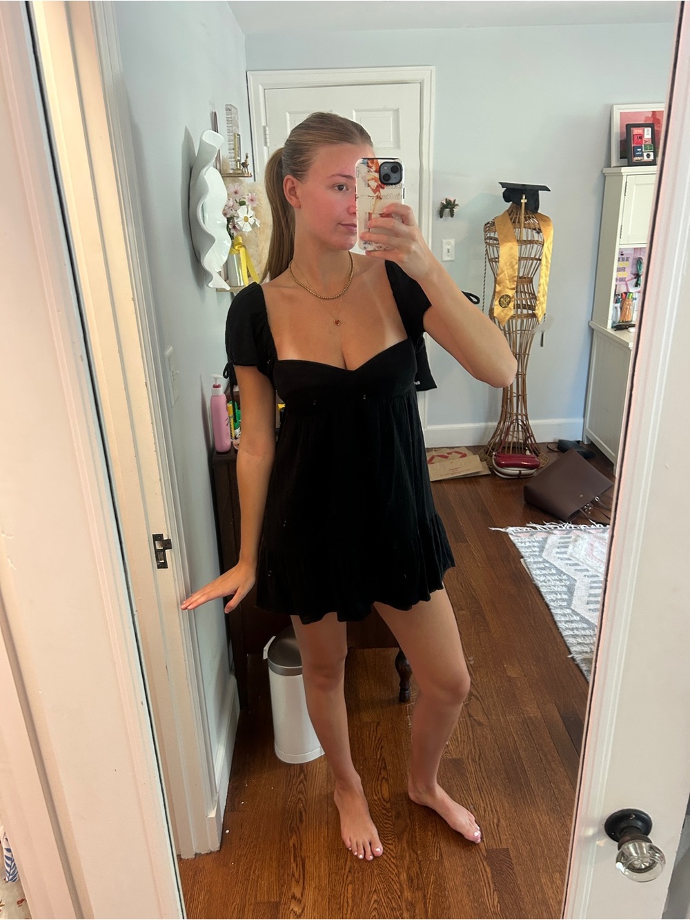 Black Puff-Sleeve Babydoll Mini Dress